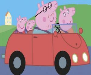 Puzzle Πέππα Γουρούνι με την οικογένειά της στο αυτοκίνητο: Pig μπαμπάς, μαμά Pig και Γιώργος Χοιρινά, ο μικρός αδερφός της,